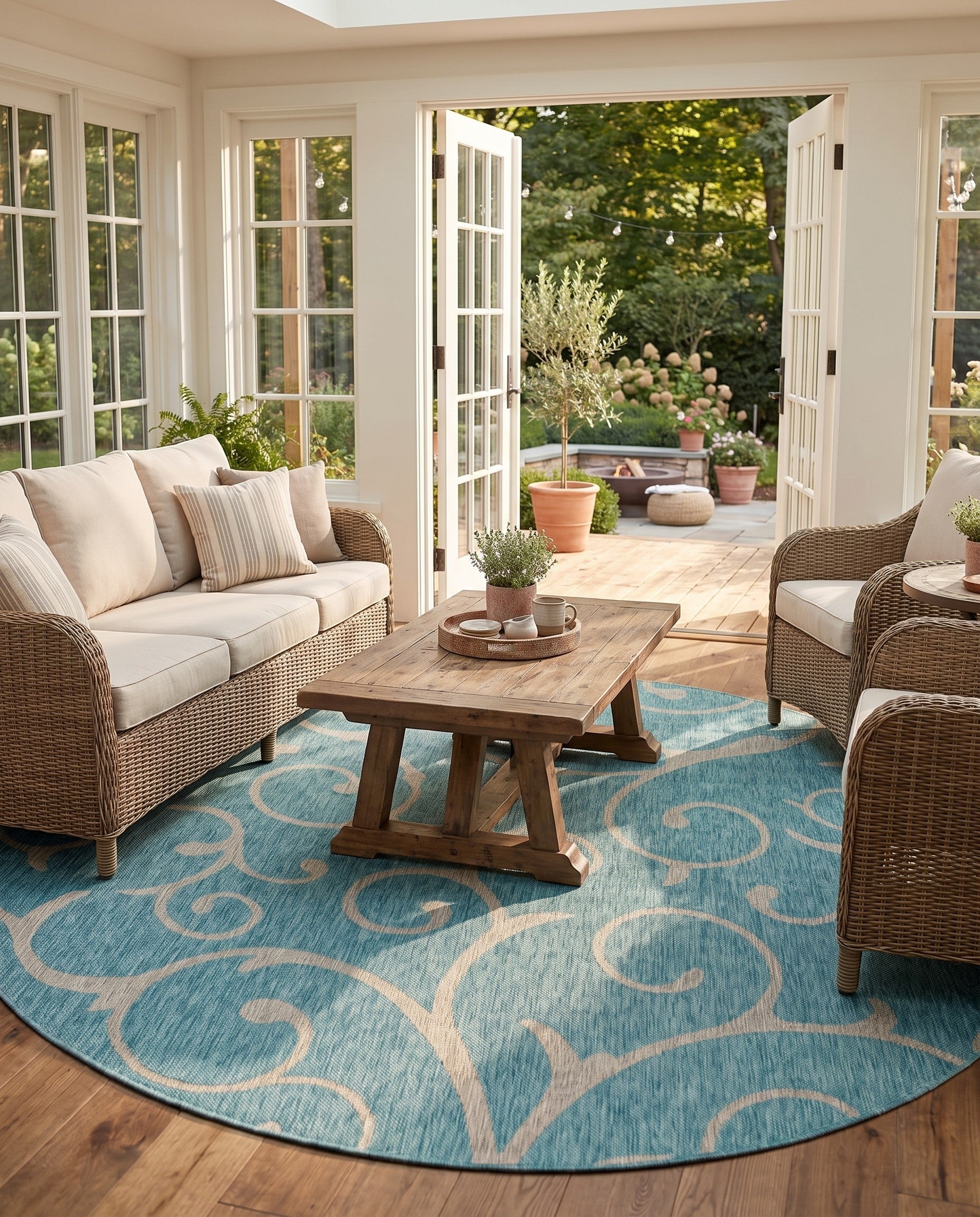 Light Aqua Easy-Clean Botanical Indoor / Outdoor Round Rug