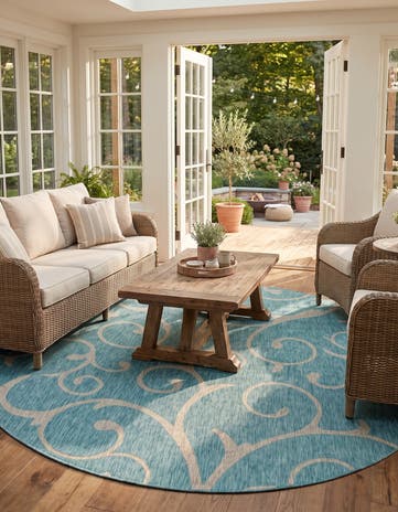 Light Aqua Easy-Clean Botanical Indoor / Outdoor Round Rug