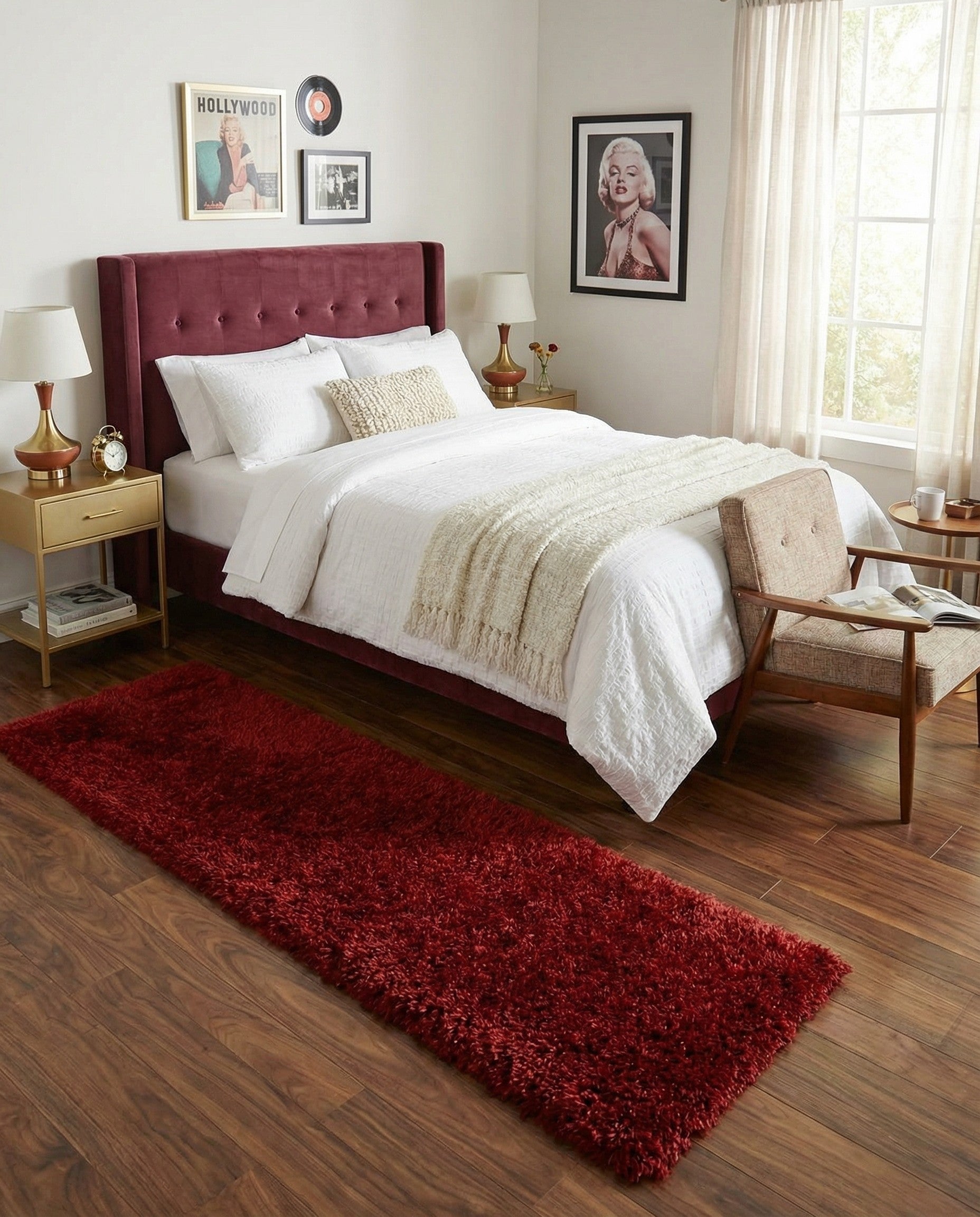 A plush, solid red shag runner rug, 10 ft long, ideal for adding warmth and Hollywood glam to a hallway.