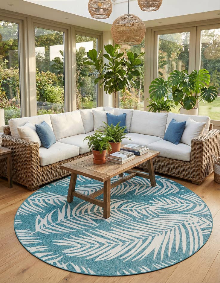 Detail image of 12' x 12'  Washable Botanical Indoor / Outdoor Round Rug