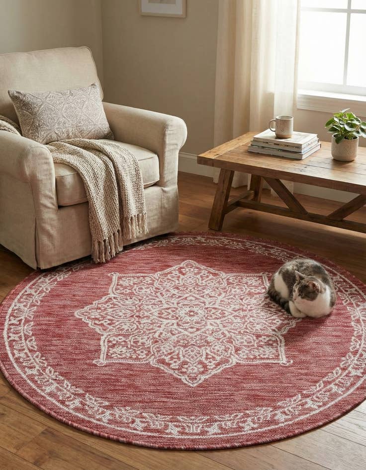 Detail image of 4' x 4'  Washable Traditional Indoor / Outdoor Round Rug