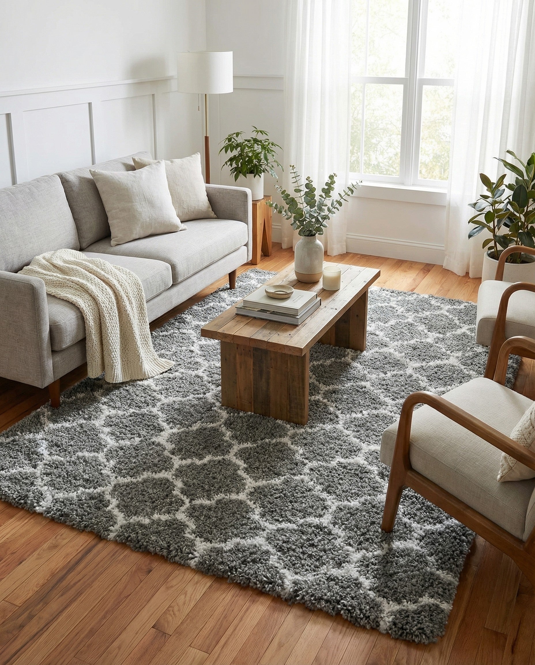 A rectangular 8x10 gray shag rug with a white Moroccan trellis pattern, suitable for a living room or bedroom.