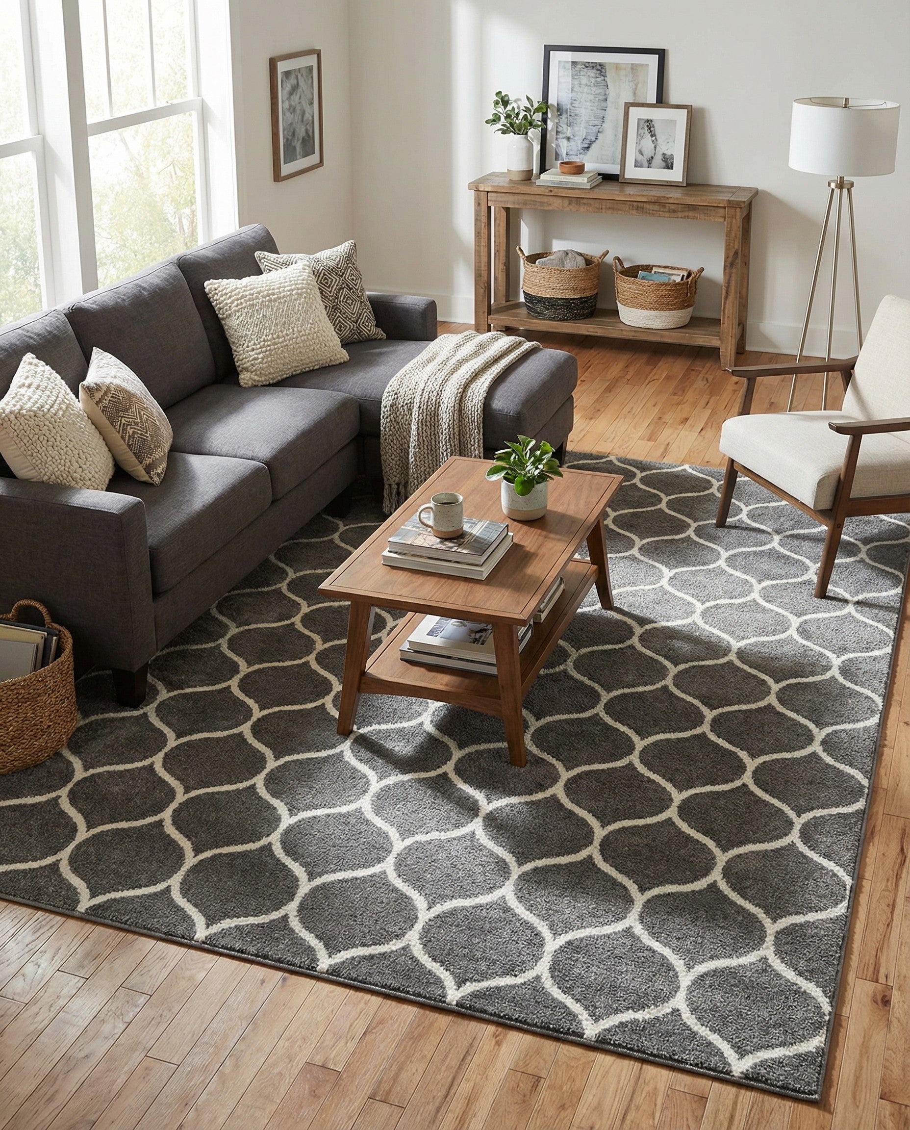 A 10x13 rectangular gray area rug with a modern white trellis pattern, suitable for a living room.