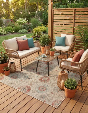 Beige Easy-Clean Botanical Indoor / Outdoor Square Rug