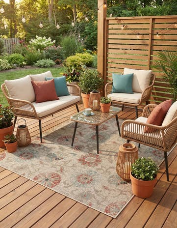 Beige Easy-Clean Botanical Indoor / Outdoor Square Rug
