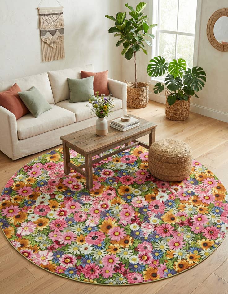 Detail image of  8' x 8'  Washable Botanical Indoor / Outdoor Round Rug