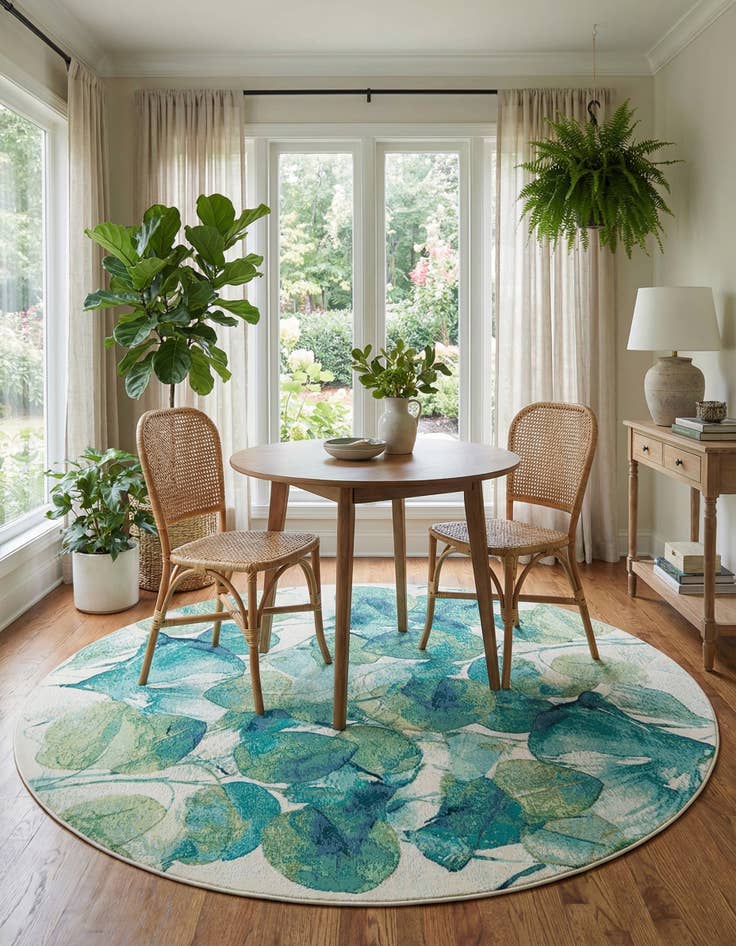 Detail image of 7' 10 x 7' 10  Washable Botanical Indoor / Outdoor Round Rug