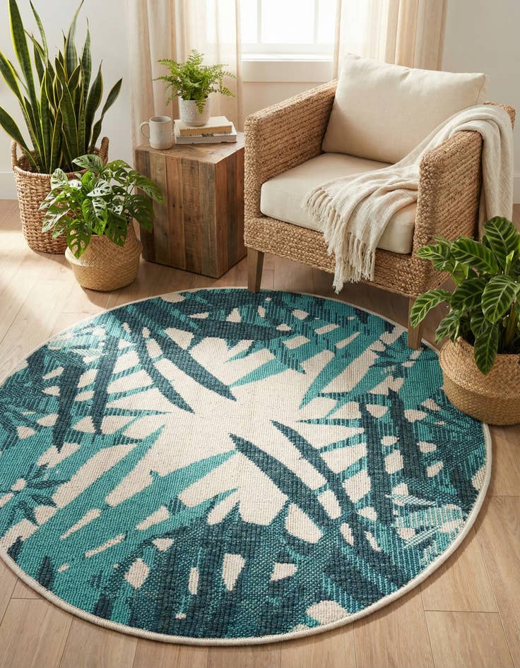 Detail image of 3' x 3'  Washable Botanical Indoor / Outdoor Round Rug