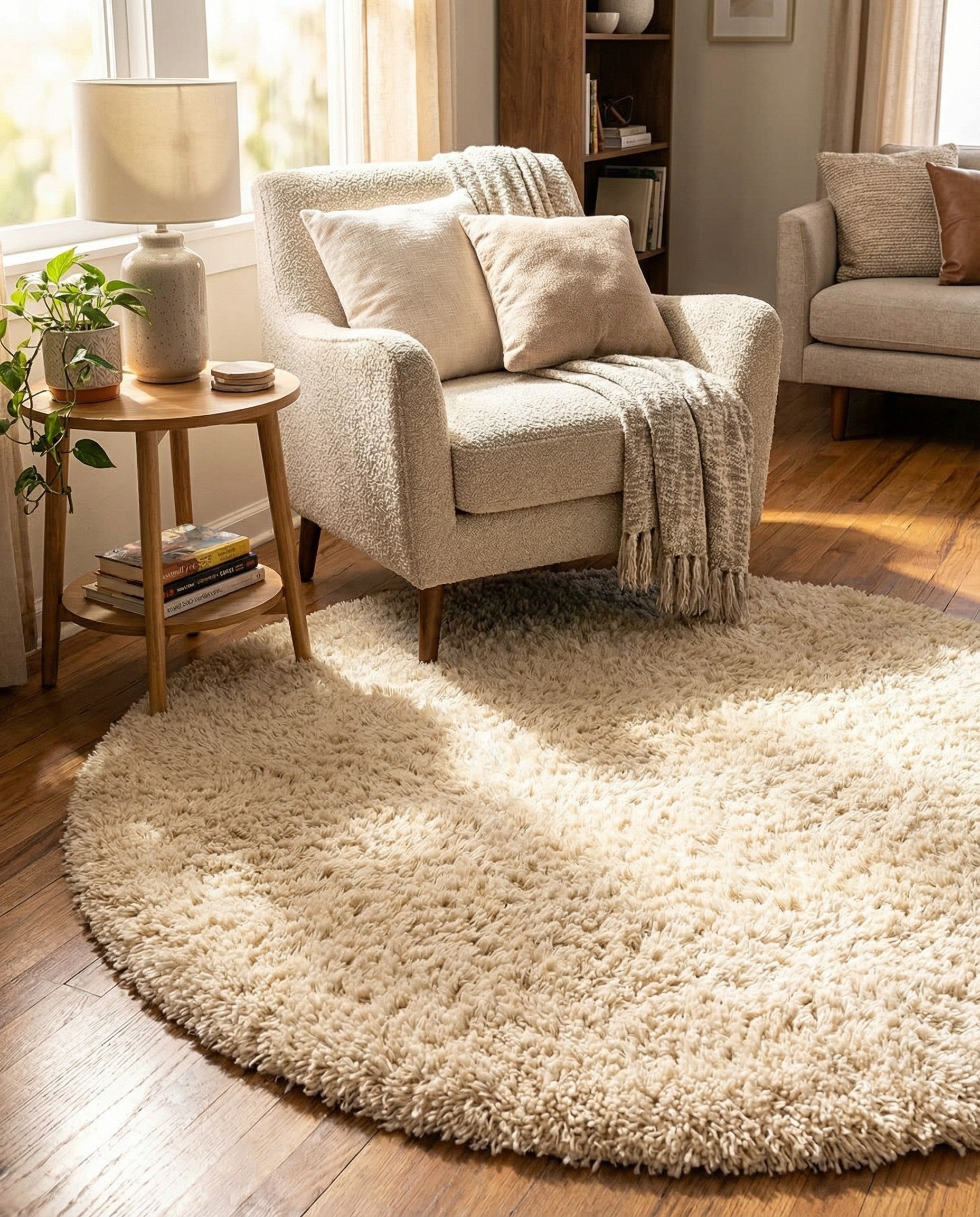 A plush, round 3' 3" ivory shag rug with a textured pile, ideal for adding softness to any indoor space.