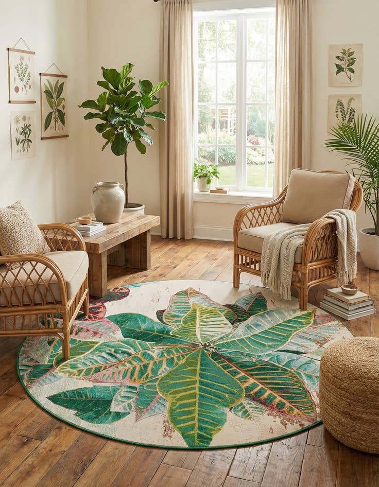 Detail image of 7' x 7' Easy-Clean Botanical Indoor / Outdoor Round Rug