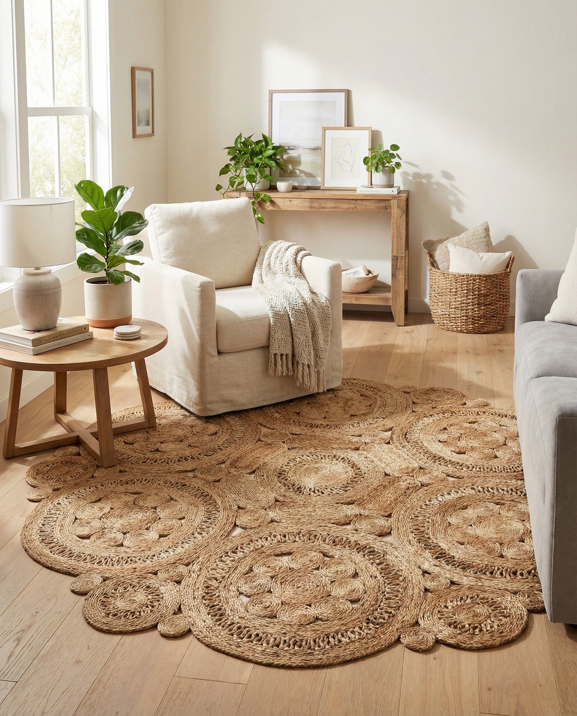 A round, natural jute rug with a textured, abstract pattern of interconnected braided circles and ovals in varying tan and brown tones.