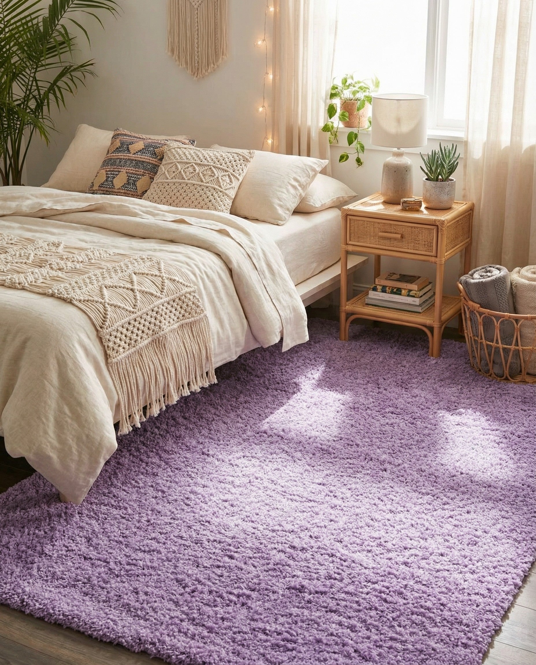 A 6x9 rectangular Solid Shag rug in a vibrant lavender purple color, featuring a plush, textured pile.