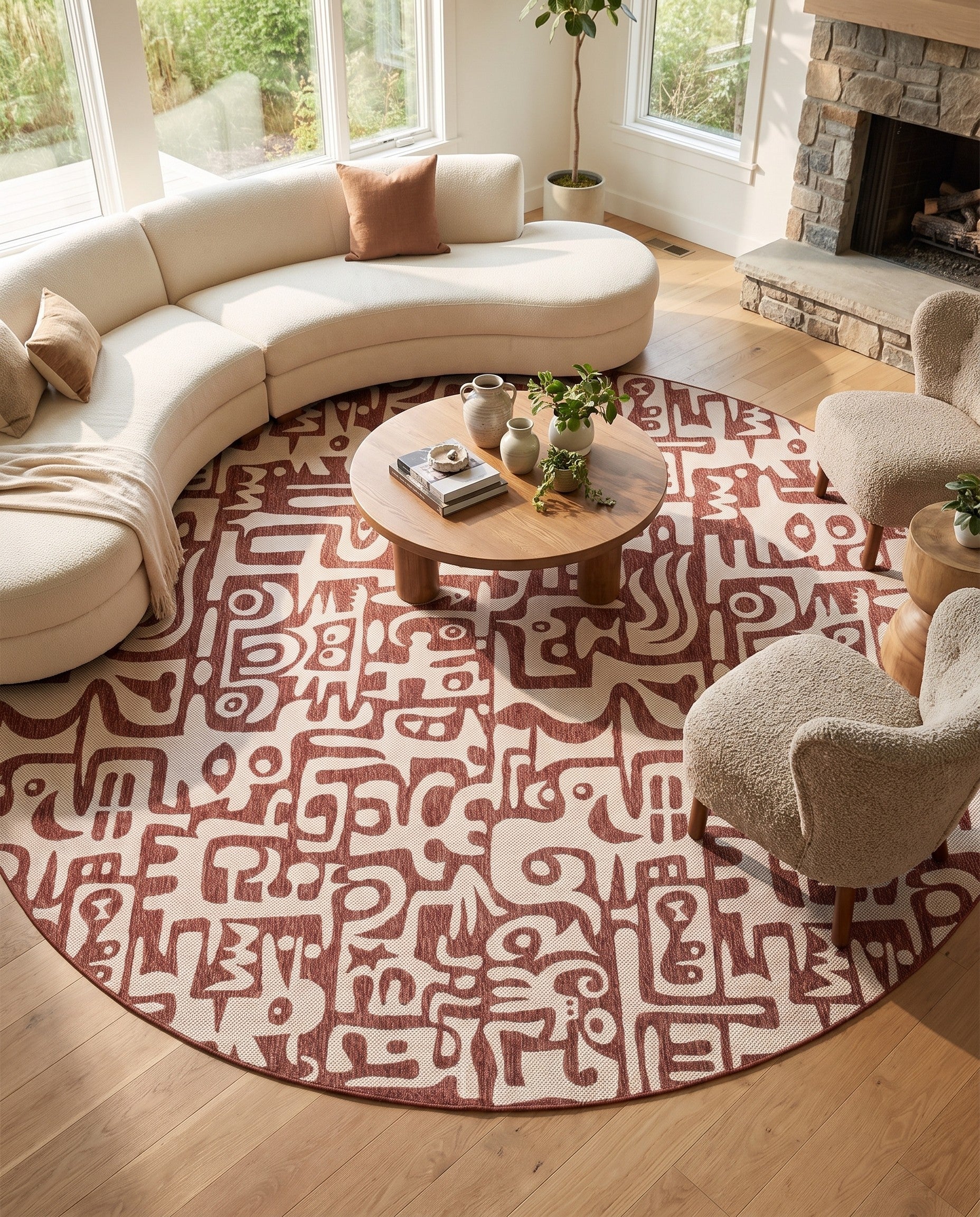 Rust Red Easy-Clean Modern Indoor / Outdoor Round Rug