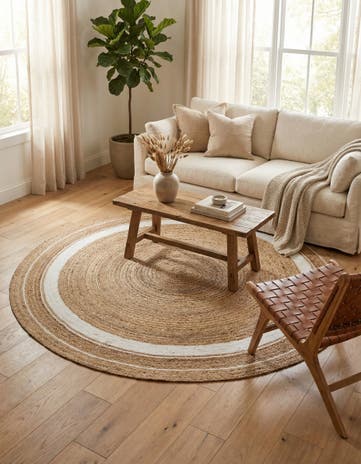Natural and White Handmade Braided Jute Round Rug