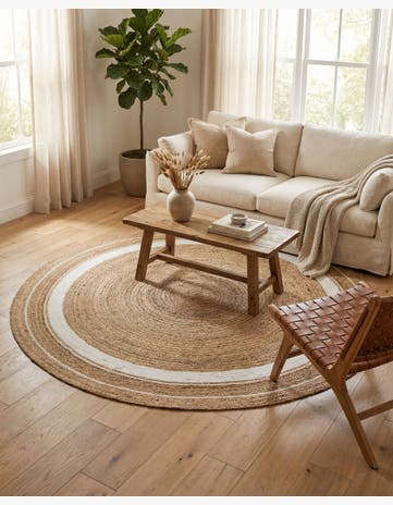 Natural and White Handmade Braided Jute Round Rug