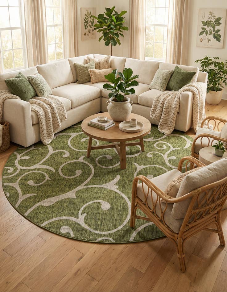 Detail image of  10' 8 x 10' 8  Washable Botanical Indoor / Outdoor Round Rug
