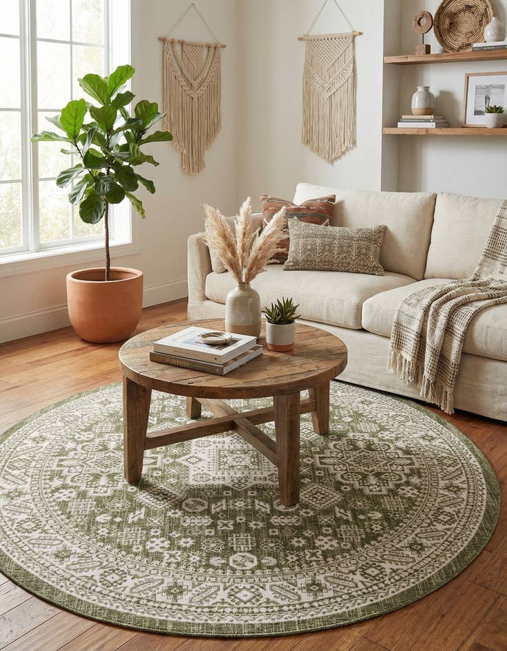 Detail image of 7' 10 x 7' 10  Washable Aztec Indoor / Outdoor Round Rug