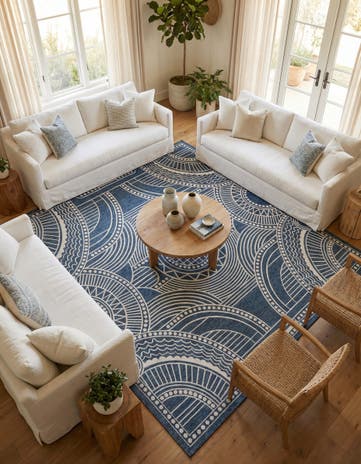 Blue Easy-Clean Traditional Indoor / Outdoor Square Rug