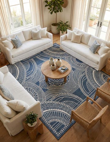 Blue Easy-Clean Traditional Indoor / Outdoor Square Rug