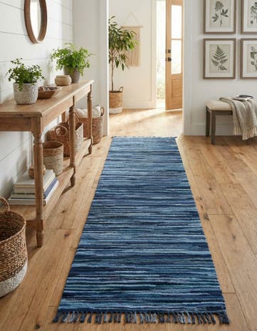 Navy Blue Hand Woven Chindi Cotton Runner Rug