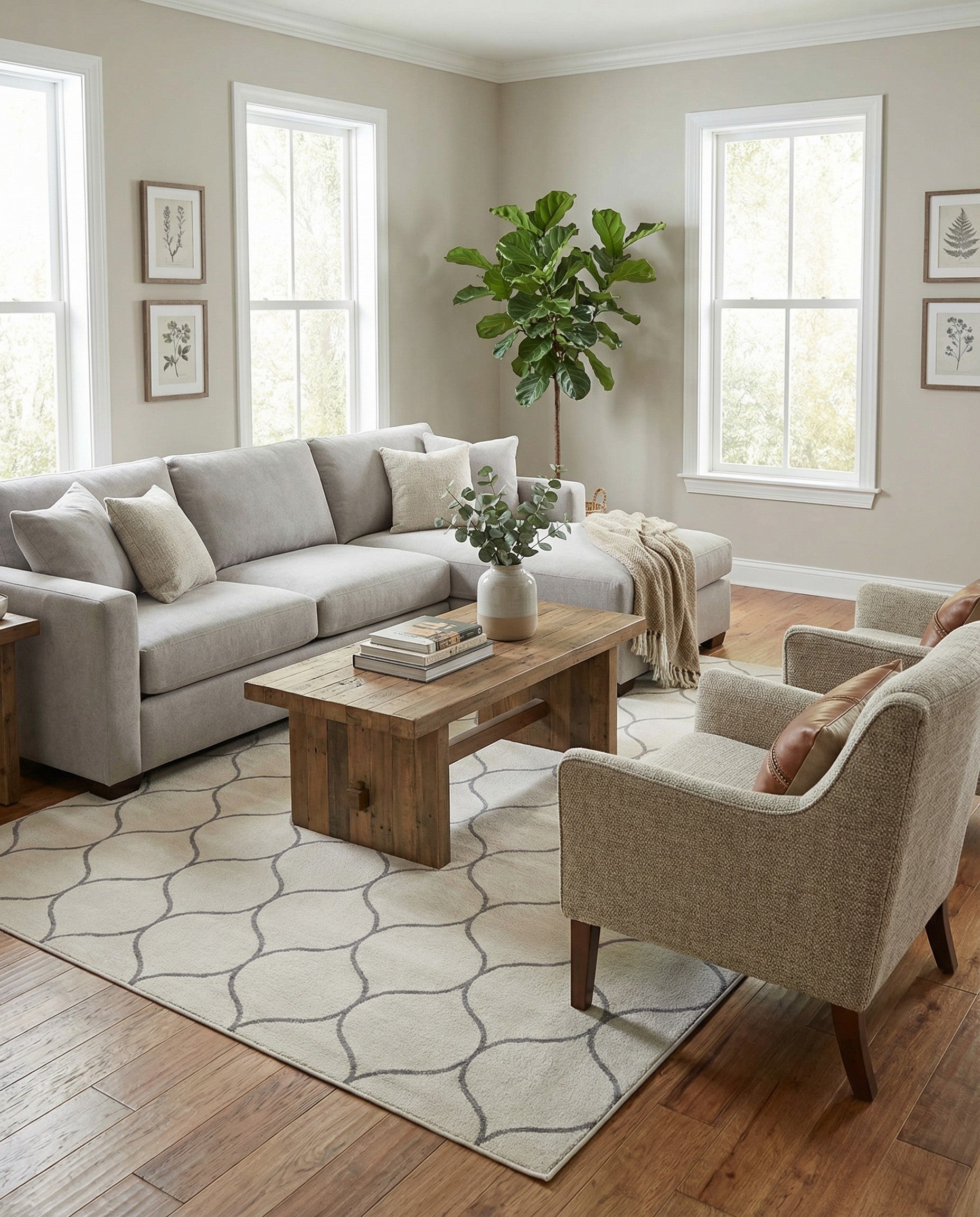 A 10x13 rectangular ivory modern rug featuring a repeating gray trellis pattern, ideal for a living room.