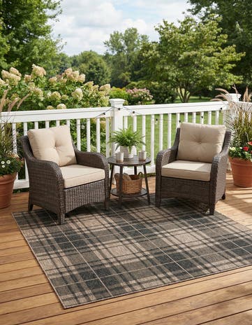 Black and Brown Easy-Clean Checkered Indoor / Outdoor Square Rug