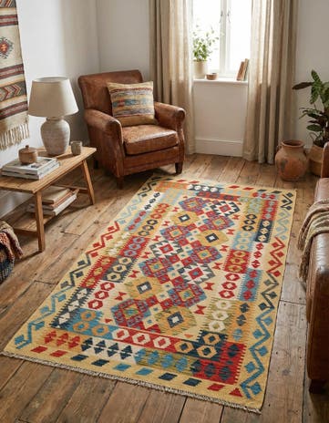 3' 6 x 6' 8 Hand Woven Kilim Maymana Wool Rug