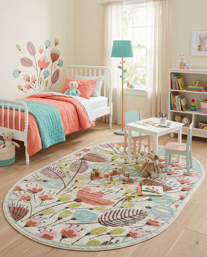 5' 3 x 8' Flowers Whimsy Kids Oval Rug