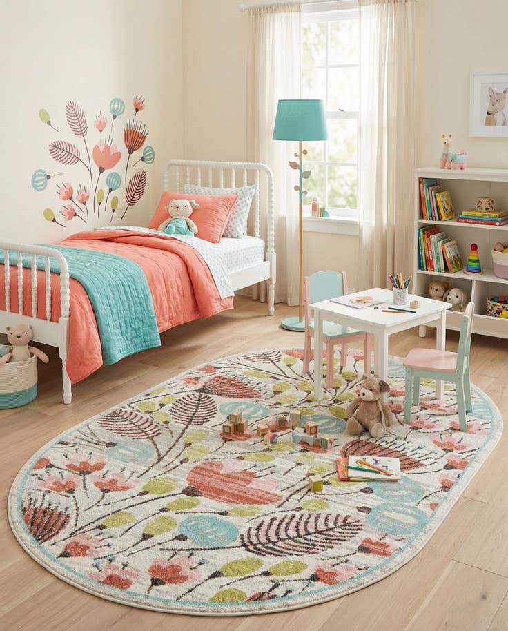 Detail image of 5' 3 x 8' Flowers Whimsy Kids Oval Rug