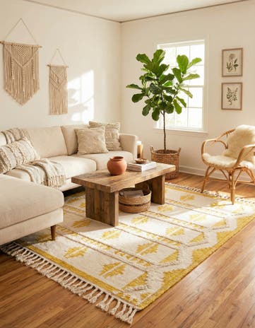 Yellow and White Hand Woven Arizona Wool Square Rug