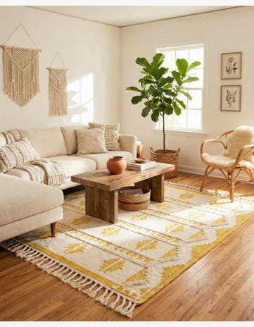 Yellow and White Hand Woven Arizona Wool Square Rug
