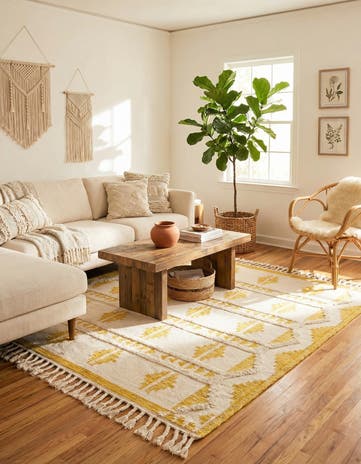 Yellow and White Hand Woven Arizona Wool Square Rug