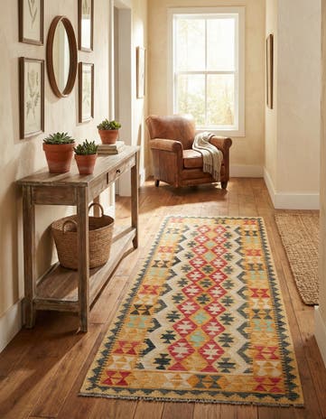 3' 5 x 6' 9 Hand Woven Kilim Maymana Wool Runner Rug