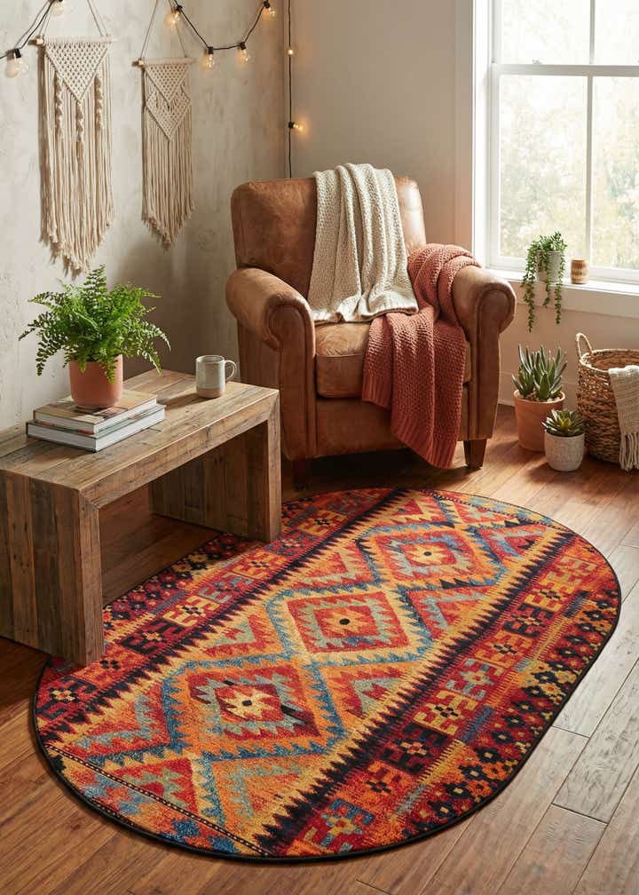 5' 3 x 8' Easy-Clean Tribal Indoor / Outdoor Oval Rug