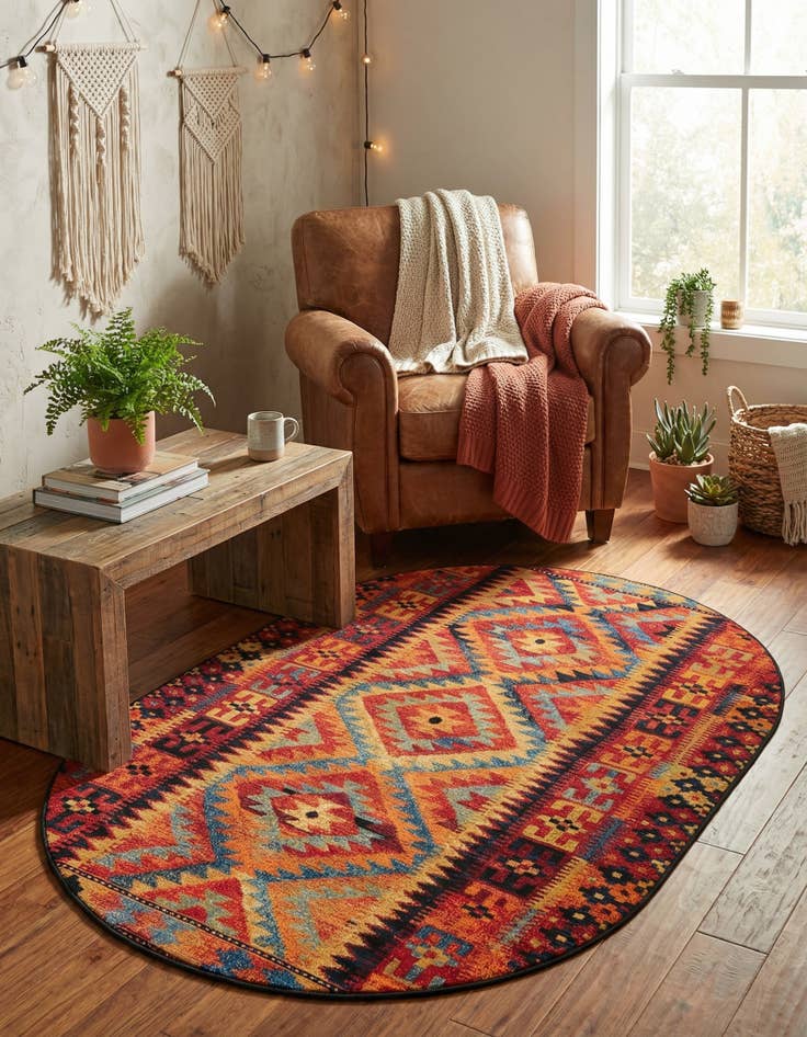 Detail image of 5' 3 x 8' Easy-Clean Tribal Indoor / Outdoor Oval Rug