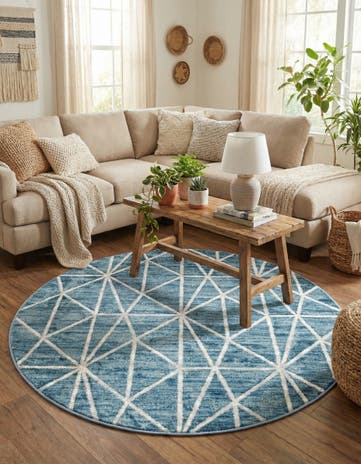 Blue Lattice Trellis Round Rug