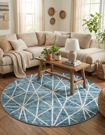 Blue Lattice Trellis Round Rug
