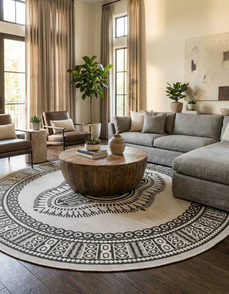 Detail image of 12' x 12'  Washable Traditional Indoor / Outdoor Round Rug