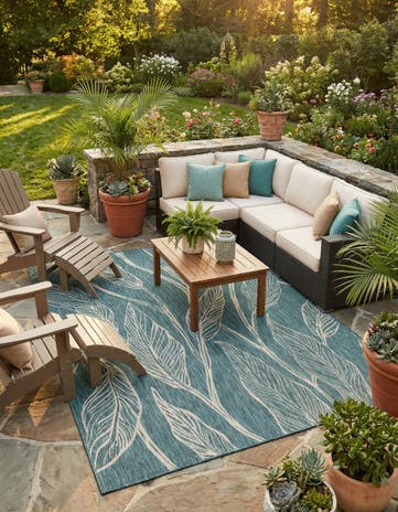 Teal Easy-Clean Botanical Indoor / Outdoor Rug