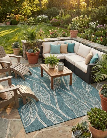 Teal Easy-Clean Botanical Indoor / Outdoor Rug