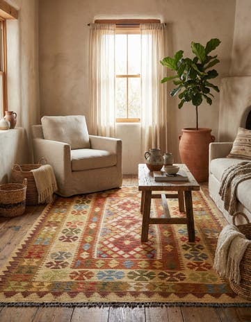 3' 8 x 6' 2 Hand Woven Kilim Maymana Wool Rug