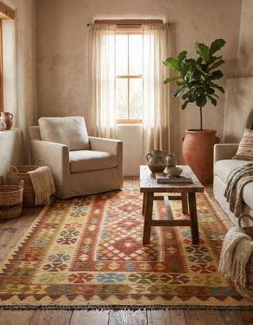 3' 8 x 6' 2 Hand Woven Kilim Maymana Wool Rug