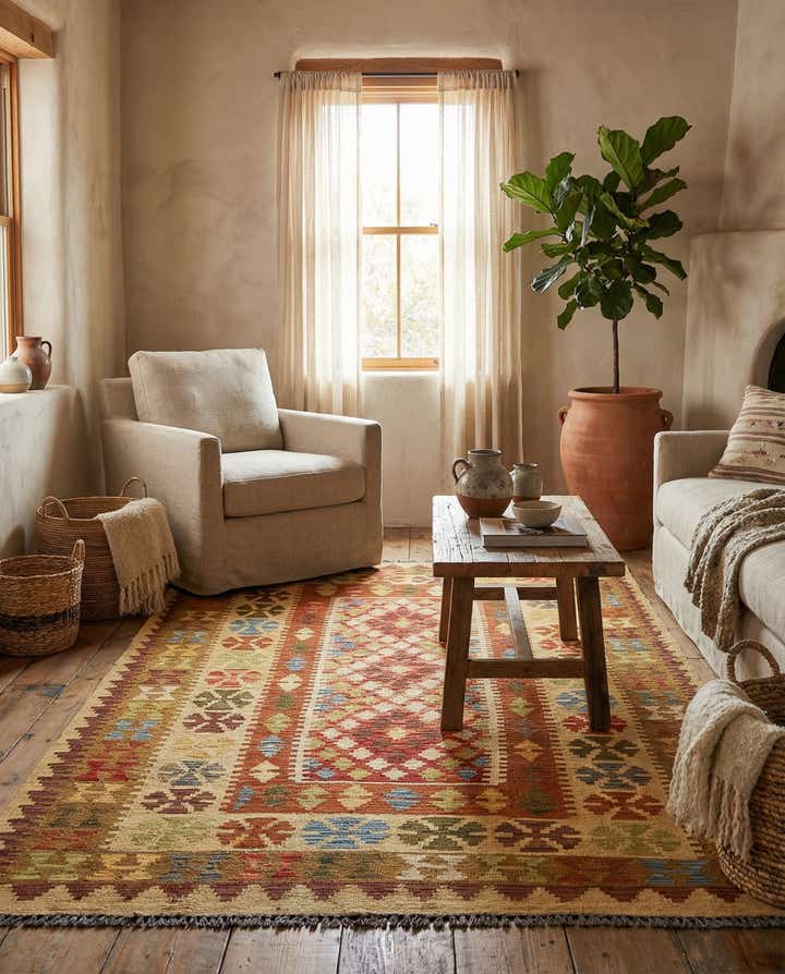 3' 8 x 6' 2 Hand Woven Kilim Maymana Wool Rug