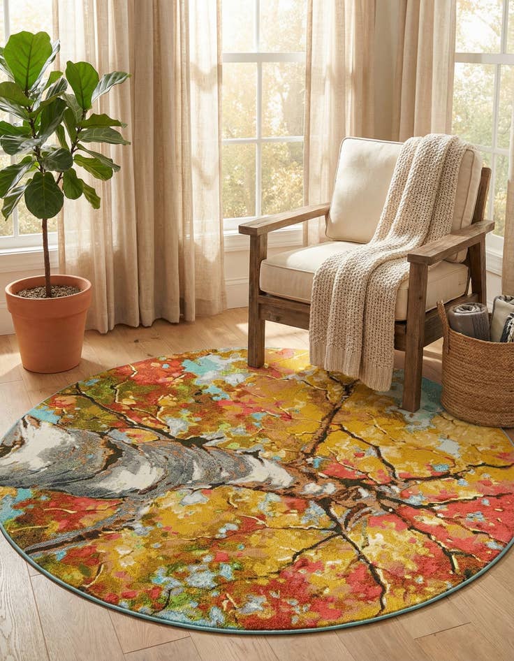 Detail image of  6' 1 x 6' 1  Washable Botanical Indoor / Outdoor Round Rug