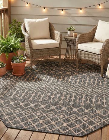 Charcoal Gray Easy-Clean Lattice Indoor / Outdoor Octagon Rug