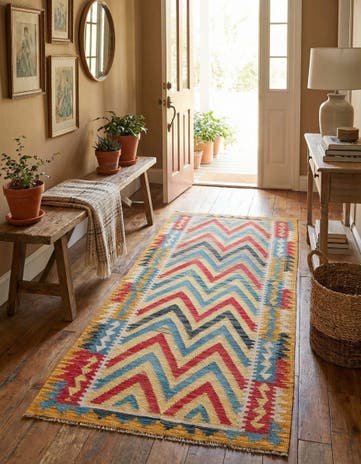 3' 3 x 6' 8 Hand Woven Kilim Maymana Wool Runner Rug