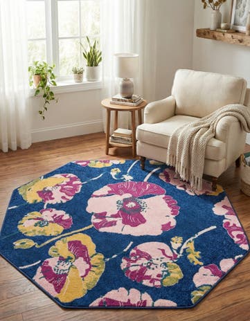 Navy Blue Bloom Octagon Rug