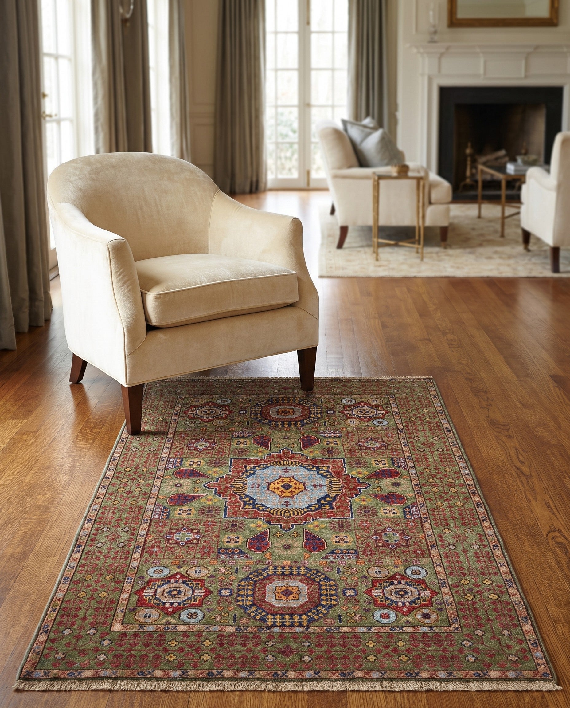 3' 4 x 4' 11 Hand Knotted Mamluk Ziegler Rug
