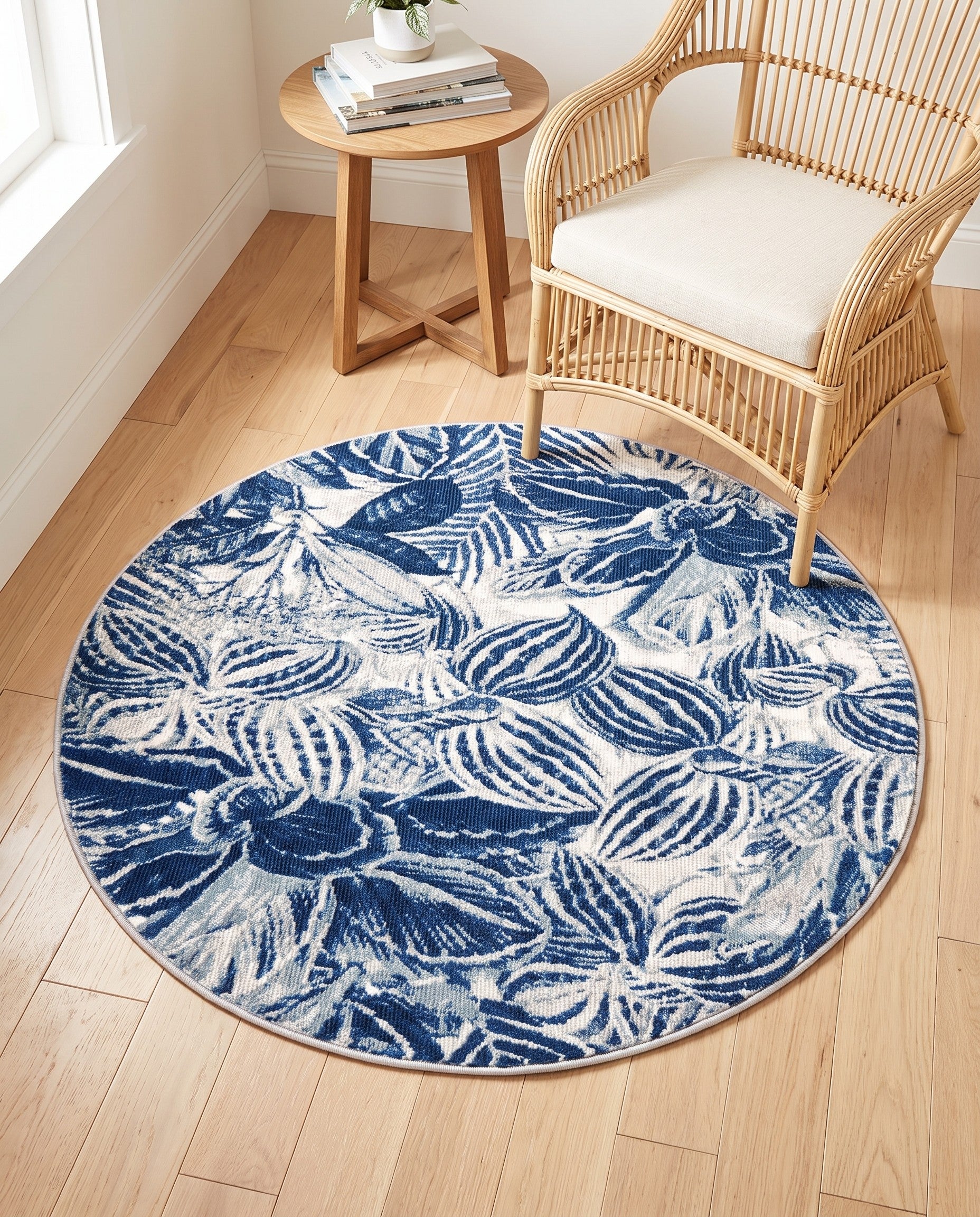 Navy Blue Blossom Round Rug