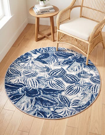 Navy Blue Blossom Round Rug